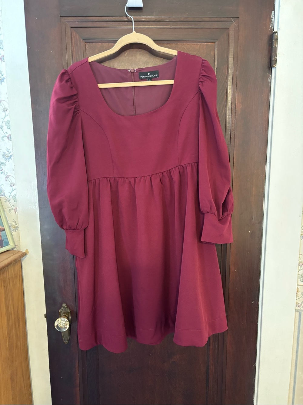 Pomander Place Burgundy Square-Neck Puff Sleeve Dress